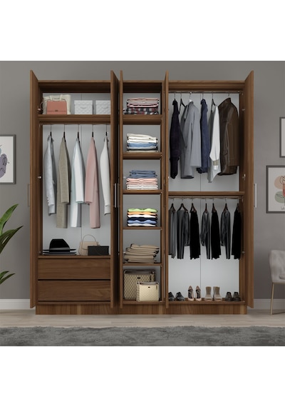 Asra Trend 5 Kapaklı Gardırop G-04 %100 MDF Aynalı 2 Çekmeceli Elbise Dolabı 200 cm Nevada