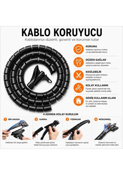 1,5 Metre 25 Mm Kablo Koruyucu Spiral Siyah, Kablo Düzenleyici Organizer, Kablo Toplayıcı Sarma Spirali, Esnek Kablo Kanalı Ve Kablo Gizleyici Koruma Kılıfı