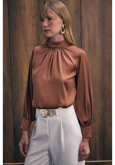 Sateen Yaka Detaylı Saten Bluz - Kahve