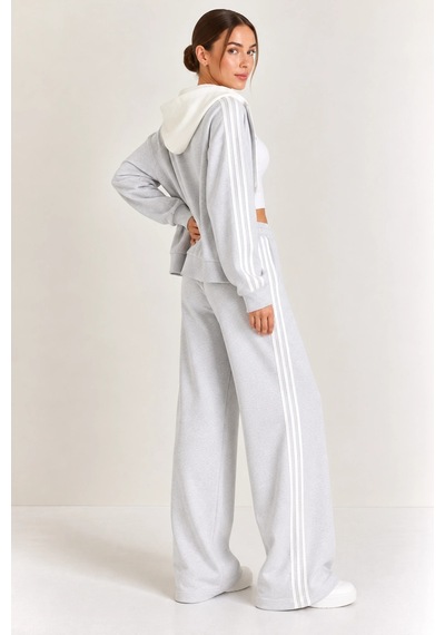 Mevese Kadın Kapüşonlu Oversize Sweatshirt & Bol Eşofman Altı İkili Takım- Gri-beyaz