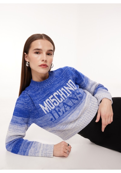 Moschino Jeans Bisiklet Yaka Baskılı Kazak Kadın J0924 Mavi