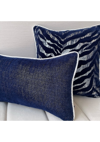 "navy Zebra" Desenli Kırlent Kılıfı - 45x45 - Gümüş Lacivert - Gümüş