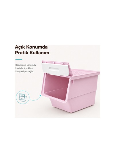 3 Katlı Tekerlekli Kapaklı Saklama Kutusu, Eşya Ve Erzak Organizer 3x12 Litre Pembe Pembe Pembe