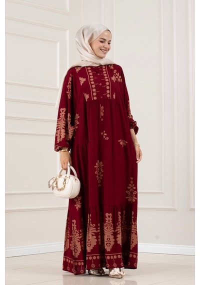 Sevitli Yarım Düğmeli Robalı Nesrin Elbise-bordo-5836