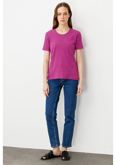 Kadın Sıfır Yaka Kısa Kol Pamuk Kaşkorse T-shirt Sıklamen pembe