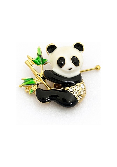 Panda Figürlü Taş Detaylı Metal Broş Mine İşlemeli Gold Tasarım Açık Gri