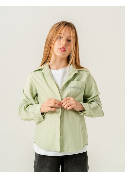 Giyicem Kız Çocuk Cep Dantelli Gömlek T-shirt İkili Takım 1803 Yeşil
