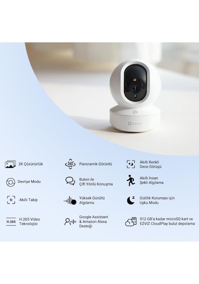Ezviz Ty1 3mp 2k İç Mekan Wi-fi Güvenlik Kamerası, 360 Dönebilen Akıllı Takip, İnsan Algılama, Çift Yönlü Ses