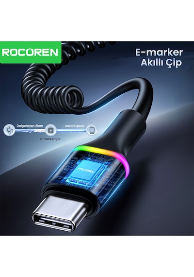 Rocoren 100w 5a E-marker Çipli Spiral Type-c To Type-c Hızlı Şarj Ve Data Kablosu 1.6 Metre