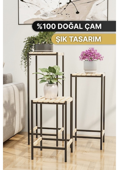 Bino Çiçeklik 3 Lü Set Ahşap Saksılık Dekoratif Lüks Bahçe Mobilyası Saksı Standı Bahçe Balkon Rafı