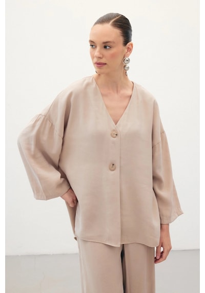 Sateen Düğmeli Kimono - Taş Taş