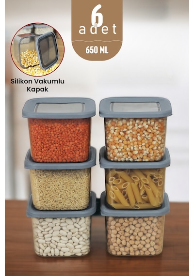 Silikon Kapaklı Erzak Bakliyat Saklama Kabı Kare Saklama Kutusu Seti 6 Adet 650 ML