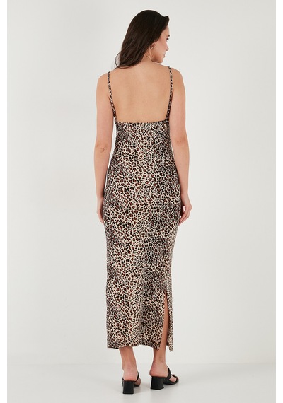 Lela Büzgü Detaylı Slim Fit Yırtmaçlı Uzun Boy Asimetrik Yaka Bayan Elbise 5866291 Leopar
