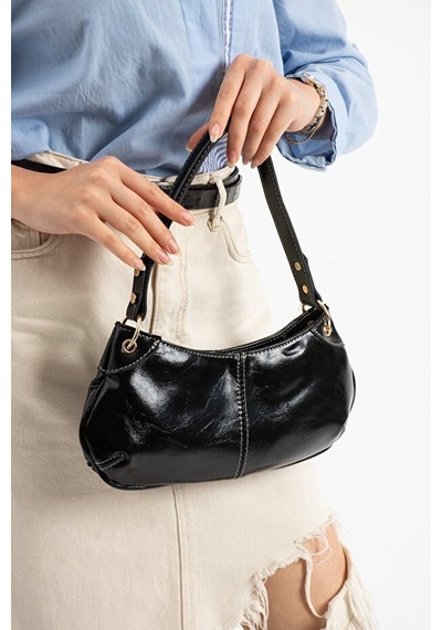 Lovelystore Bükreş Model Omuz Ve El Çantası Parlak Kırçıllı Yapılı Fermuarlı 33x14 Siyah