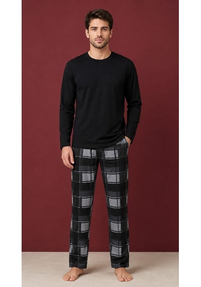Pemilo Erkek 7119 %100 Pamuk Uzun Kol Pijama Takım Siyah