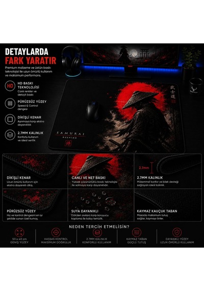 Baskılı Dijital Tasarımlı Oyuncu Mouse Pad, Kaymaz Taban, Dikişli Gaming Mouse Pad Samurai 50x40 Cm
