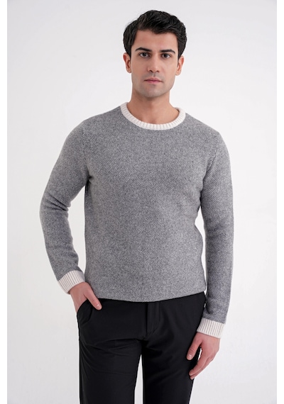 Slim Fit Renkli Ribanalı Ekru Gri Yünlü Bisiklet Yaka Triko Kazak Tr 890 Ekru-gri