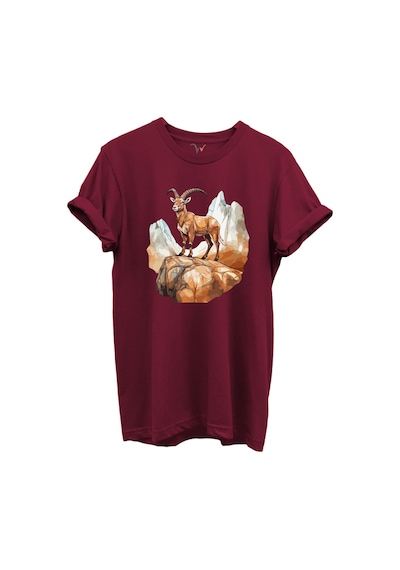 Dağ Keçisi Tasarımlı Avcılık Konseptli %100 Pamuk Regular Fit Bisiklet Yaka Unisex T-shirt Bordo