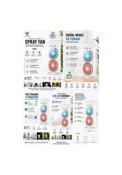 Çift Başlıklı Sprey Fan Nemlendirici Ve Renkli Led Işıklı Beyaz Evimdeyokyok