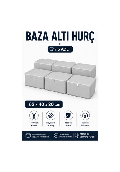Hurç Seti Fermuarlı Baza Altı Hurcu Yorgan Battaniye Kıyafet Saklama Organizeri 6'lı Gri