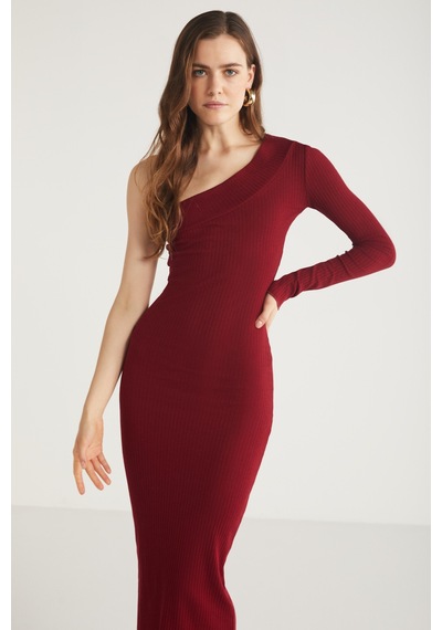 Ethıquet Reddısh Kadın Slim Fit Dar Kesim Vücudu Saran Kaşkorse Midi Boy Bordo Elbise