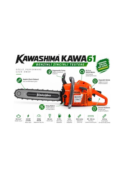 Algaride Kawashima Kawa61 Benzinli Motorlu Testere 61.5cc 3.9hp 2.9kw 60 Cm Uyumlu 3/8 Zincir Profesyonel Kesim Motoru