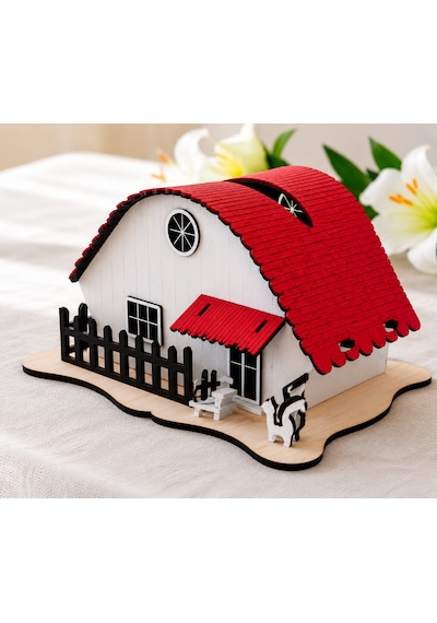 Dekoratif Ev Şeklinde Ahşap Peçetelik 31x15 Cm 3 Mm Mdf Lazer Kesim Beyaz Kırmızı
