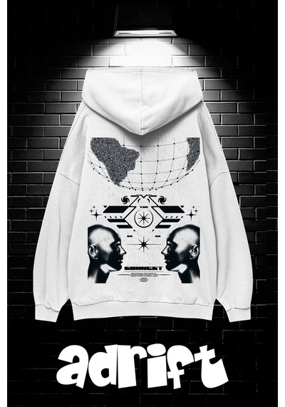 Startmore Unisex Oversize Kapüşonlu Kanguru Cepli Resro Futurısm Baskılı Sweatshirt Hoodie Beyaz Beyaz