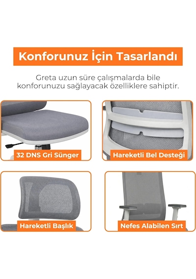 Greta Ergonomik Fileli Çalışma Koltuğu Gri&beyaz Ofis Sandalyesi Ayarlanabilir Başlık, Bel Desteği Ve Hareket Diğer