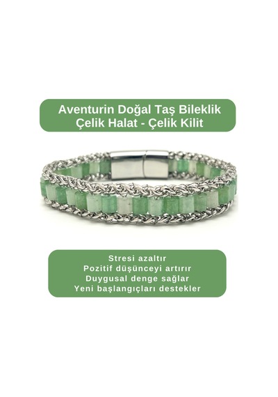 Sertifikalı Aventurin Doğal Taş Bileklik Çelik Halat Çelik Kilit Çok Renkli
