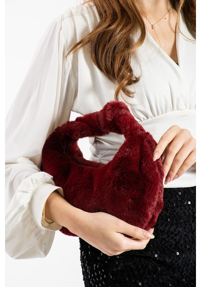Plush Studıo Istanbul Puff Pouch Mini Kol Çantası, Tavşan Tüyü Peluş Çanta Bordo Bordo