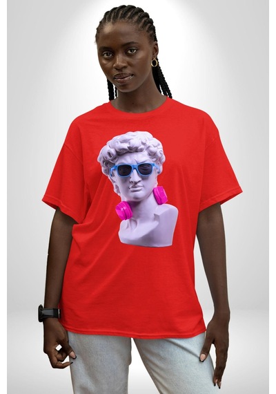 Kulaklık Gözlük Pop Art Heykel Pamuklu Bisiklet Yaka Unisex Oversize Boyfriend Dijital Baskılı Kırmızı T-shirt Kırmızı