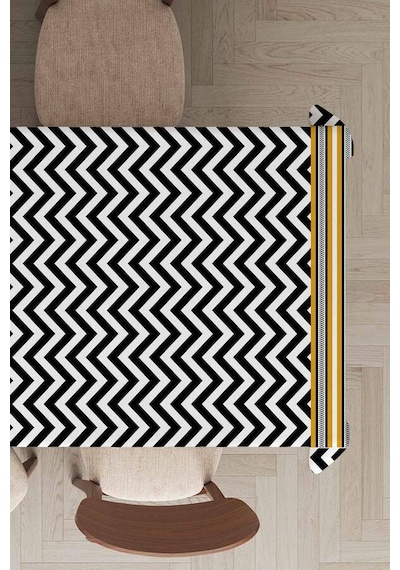 Siyah Zigzag Desenli Dokuma Leke Tutmaz Masa Örtüsü Mso433n11