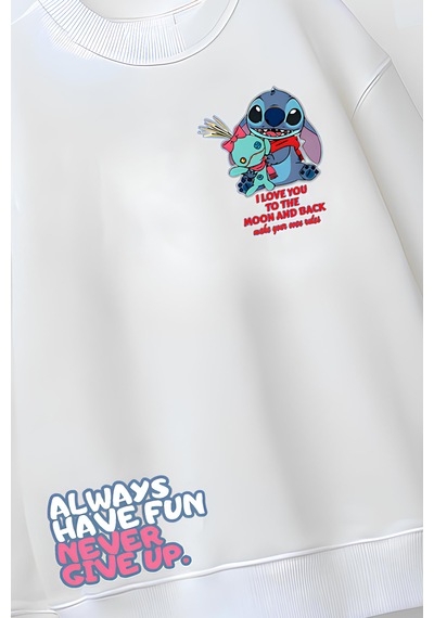 Tam Kalıp Oversize Kız Çocuk Pamuğa Pamuk 3 İplik Kumaş Stıt2 Tasarım Sweatshirt Beyaz