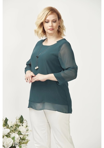 Moda Berray 1934 Kolyeli Şifon Büyük Beden Şık Bluz Yeşil Yeşil