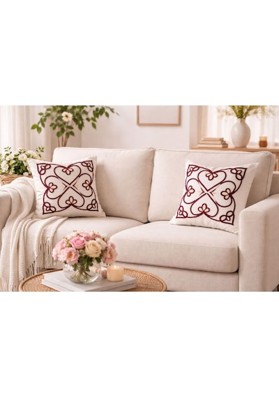 El Yapımı Keten Duck Kumaş Punch Kırlent Kılıfı 43x43 Dekoratif Kalp Motifli Beyaz