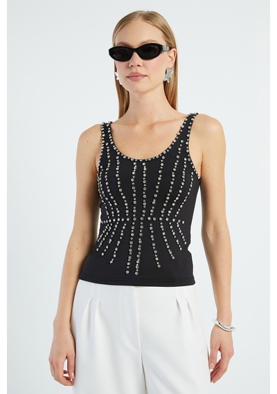 Fullamoda Taş İşlemeli Kalın Askılı Slim Fit Bluz Siyah