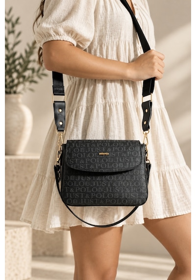 Just Polo Siyah Yeni Sezon Kolon Askili 4 Bolmeli Kadin Omuz Cantasi 25x15cm