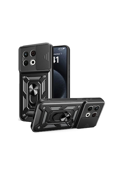 Tecno Spark 30 Pro Uyumlu Tank Kılıf Yüzüklü Standlı Extra Koruma Zırhlı Outdoor Kapak - Siyah