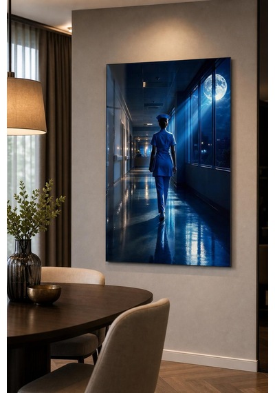 Gece Nöbeti Hemşire Baskılı Cam Tablo Uv Baskı Modern Hastane Duvar Dekoru
