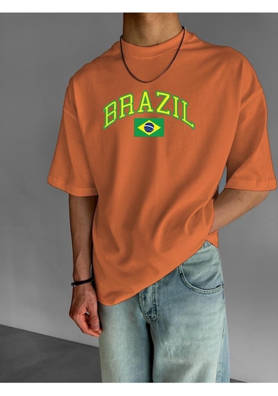 Brazıl Baskılı Oversize Tişört Turuncu