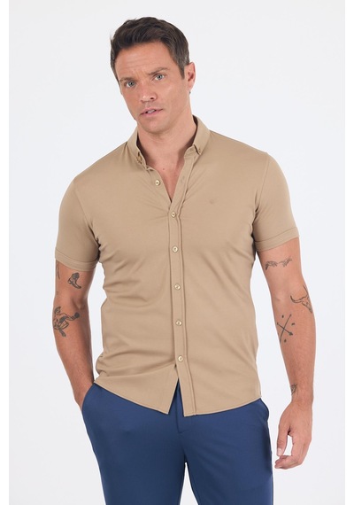 İmza Koyu Bej İtalyan Düğmeli Yaka Kısa Kol Cepsiz Slim Fit Gömlek 1004250255 Koyu Bej İmza Koyu Bej İtalyan Düğmeli Yaka Kısa Kol Cepsiz Slim Fit Gömlek 1004250255 Koyu Bej