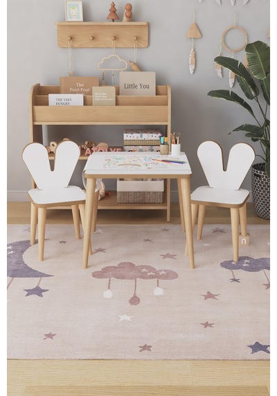 Resim Kağıdı Rulolu Çocuk Aktivite Masası 45x45 Cm 2 Sandalyeli Tavşan Sandalye Çok Renkli