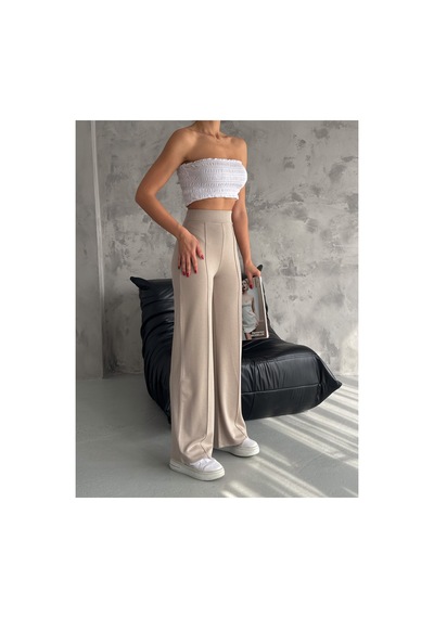Gugus Kadınmodal Kumaş Bol Paça Önü Dikişli Beli Lastikli Günlük Pantolon Bej