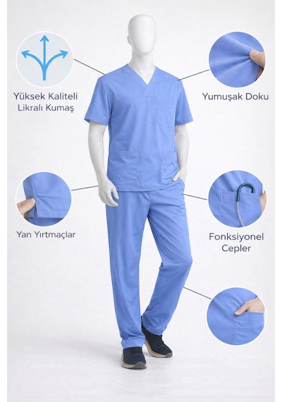 Likralı Hemşire Doktor Forması Premium Belinda Soft Kumaş Scrubs Hastane Üniforması Cerrahi Takım Mavi