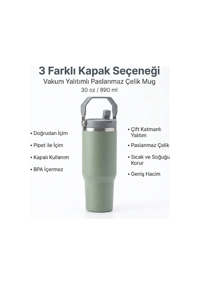 890 Ml Çelik Termos Bardak, 3 Şekilde Ağız Kullanımlı, Sızdırmaz Paslanmaz Çelik Pipetli Bardak Yeşil