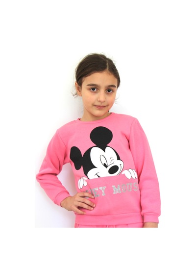Milenawear by Milena Mickey Baskılı Bisiklet Yaka Kalın Kız Çocuk Alt Üst Takım Pembe