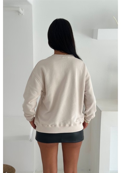 Femelle Bej Boncuk Ve Pul İşlemeli %100 Pamuk Sweatshirt - Svt14