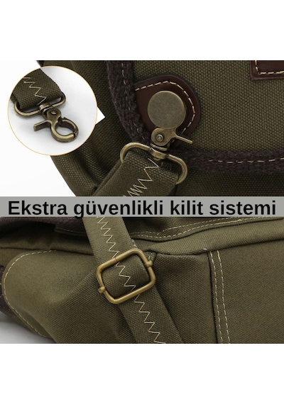 Cappadocia Vintage 4017 Haki 14" Laptop Kanvas Postacı Okul Çantası Unisex Kilitli Çok Cepli Omuz Askılı Haki