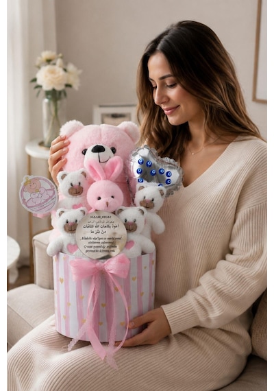 Kız Bebek Hoş Geldin Hediye Kutusu Nazar Dualı Aynalı Peluş Ayıcık, Tavşan Ve Peluşlu Yeni Doğan Bebek Hediyesi